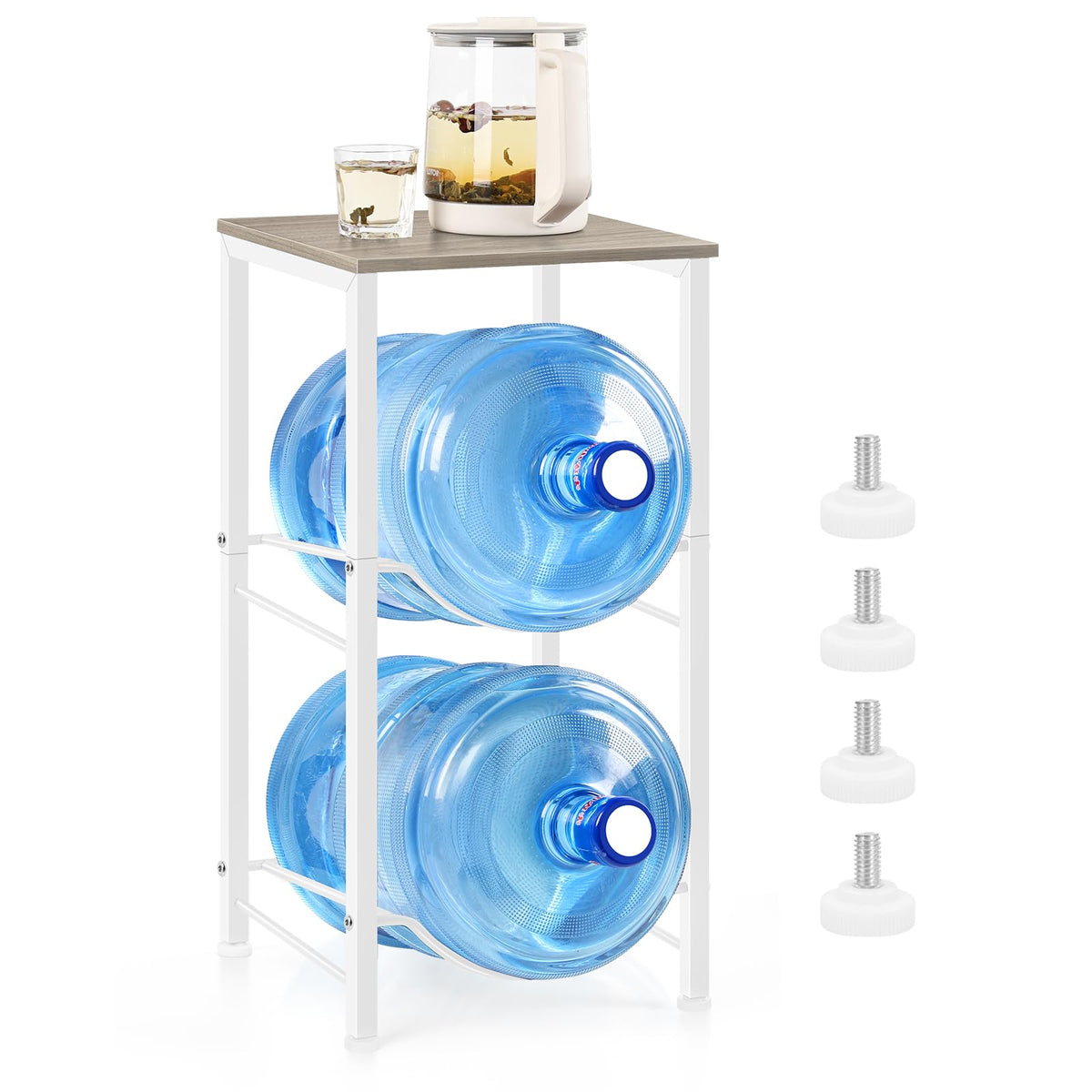 5 Gallon Water Bottle Holder Rack 2 Tier Water Jug Holder Stand with Storage Shelf, 2 Slots 5 Gal Water Cooler Jug Rack for Home, Office, Garage Organizer, Light Grey
