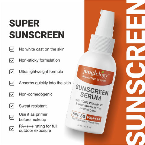 Junglelogy Sunscreen Serum with natural Vitamin C and Niacinamide - SPF 50 PA+++ Full spectrum UVA and UVB protection - for glowing and spotless skin - 50 ml