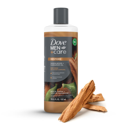 Dove Men+Care Body Wash Sandalwood + Cardamom Oil to Rebuild Skin in the Shower with Plant-Based Cleansers and Moisturizers 18 oz