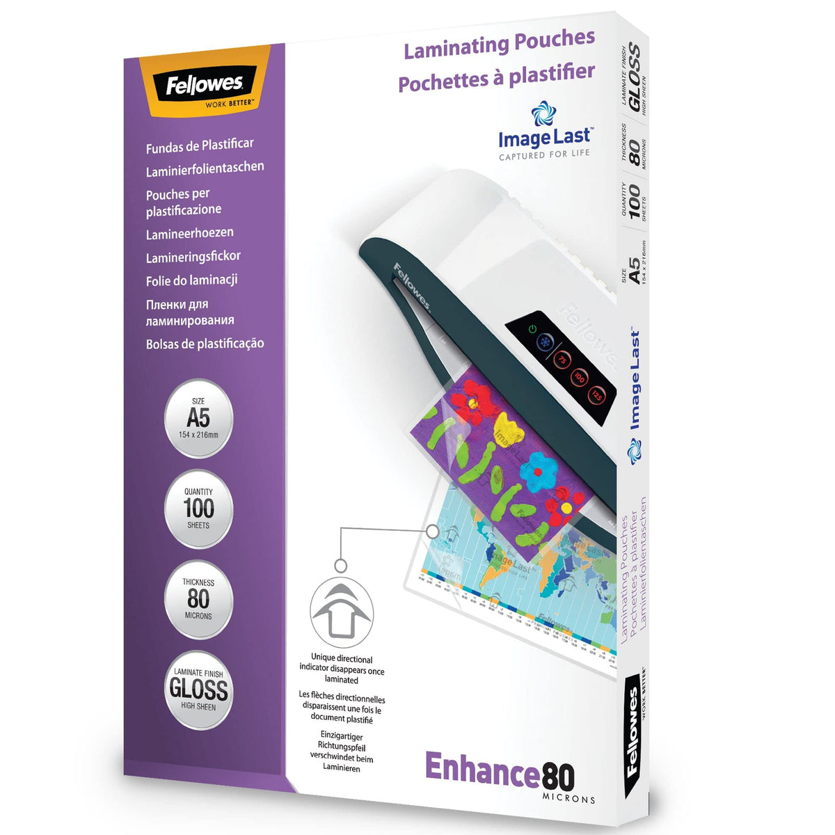 Fellowes Enhance A5 80 Micron Laminating Pouches (Pack of 100), Transparent, 5306002