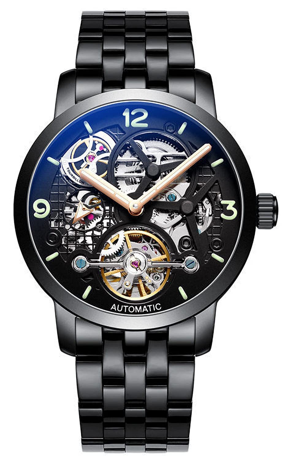 TEINTOP Men's Black Skeleton Self-Winding Auto Mechanical Wrist Watch (Steel)
