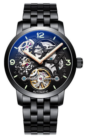 TEINTOP Men's Black Skeleton Self-Winding Auto Mechanical Wrist Watch (Steel)