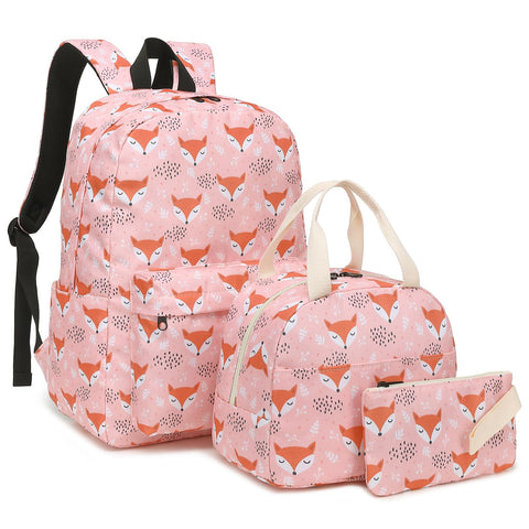 Mimfutu Fox School Backpack for Teen Girls, 3-in-1 Kids Backpack Bookbag Set School Bags with Lunch Box Pencil Case (Pink)