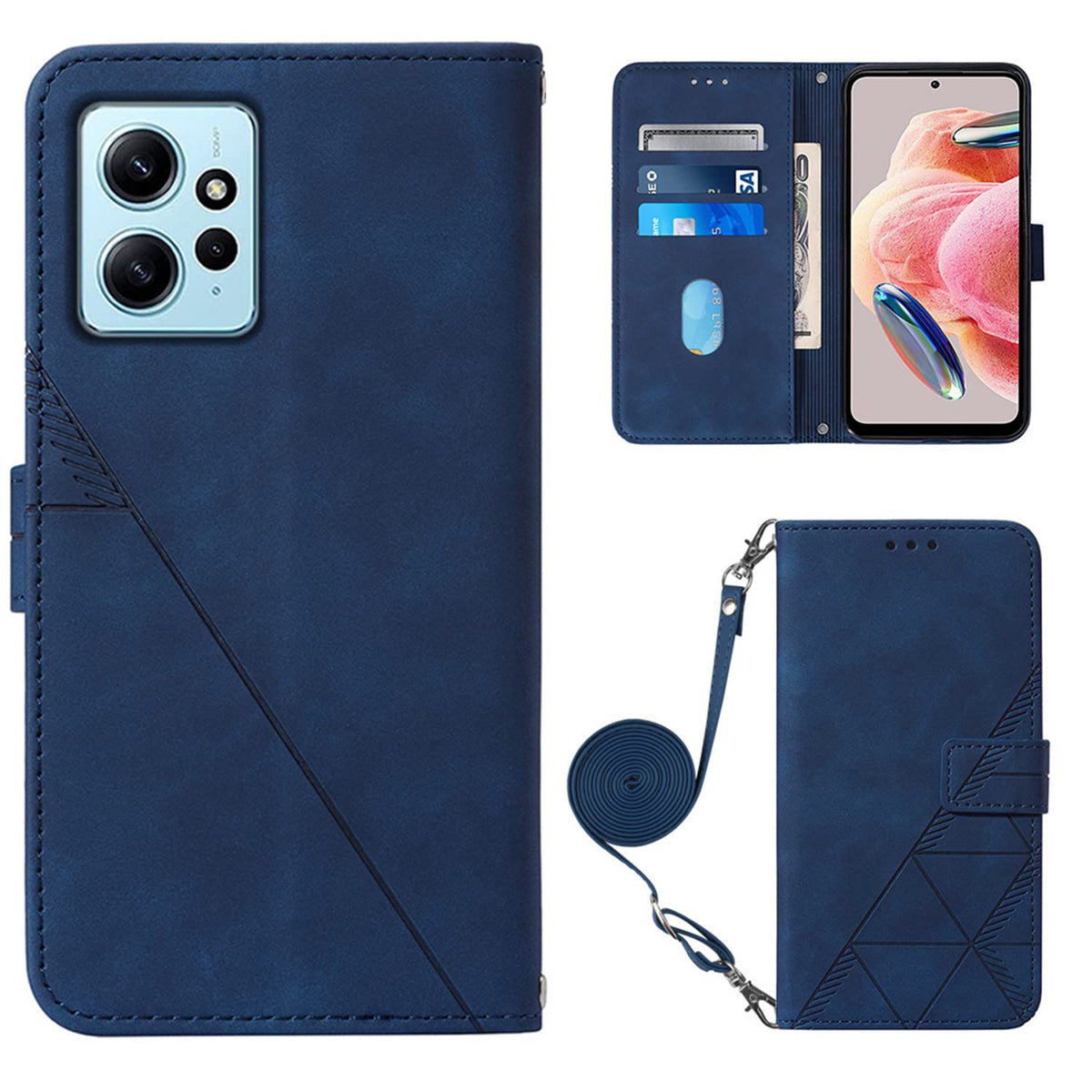 Business Long Lanyard Phone Bags Compatible with Xiaomi Redmi Note 12 Note12 4G 23021RAAEG 23021RAA2Y Anti-Fall Flip Cover Leather Case Non-Slip Holder (Blue,Redmi Note 12 4G)