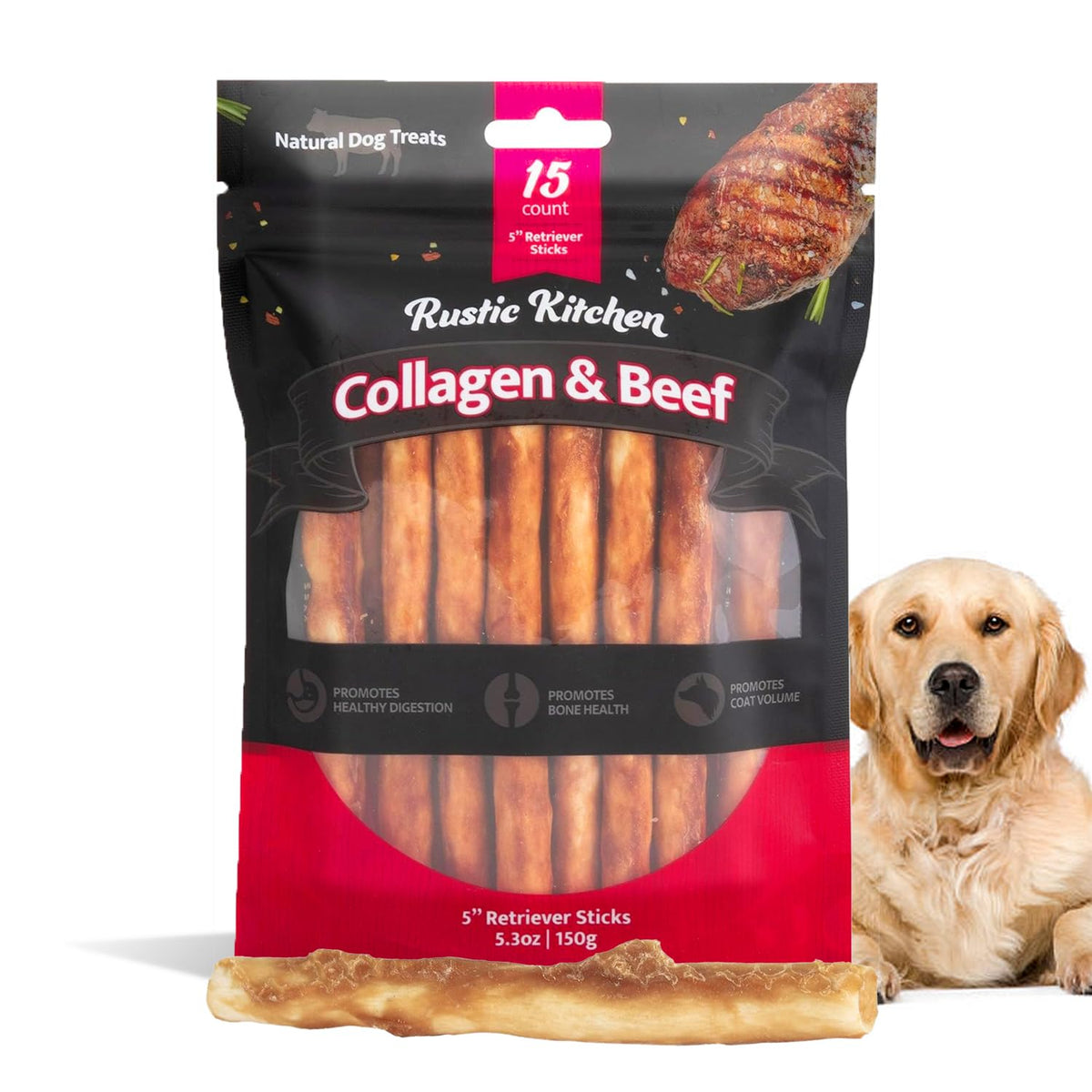 Wild Eats Beef Collagen Sticks for Dogs (15 Pack) High Protein Chew Dog Treats for Small, Medium, and Large Dogs