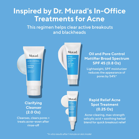 Murad Clear Breakouts + Control Oil - 3-Piece Trial Kit ($50 Value) - Acne Fighting Kit - Clarifying Cleanser 2Fl Oz, Rapid Relief Acne Treatment 0.25Fl Oz, Oil & Pore Mattifer SPF 45 0.8Fl Oz
