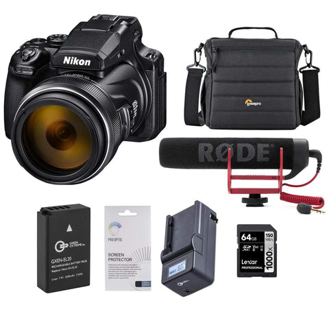 Nikon COOLPIX P1000 Digital Point & Shoot Camera - Bundle with RODE VideoMic GO Lightweight On-Camera Microphone, 64GB SDXC Card, Camera Case, Spare Battery, Compact Charger, Screen Protector