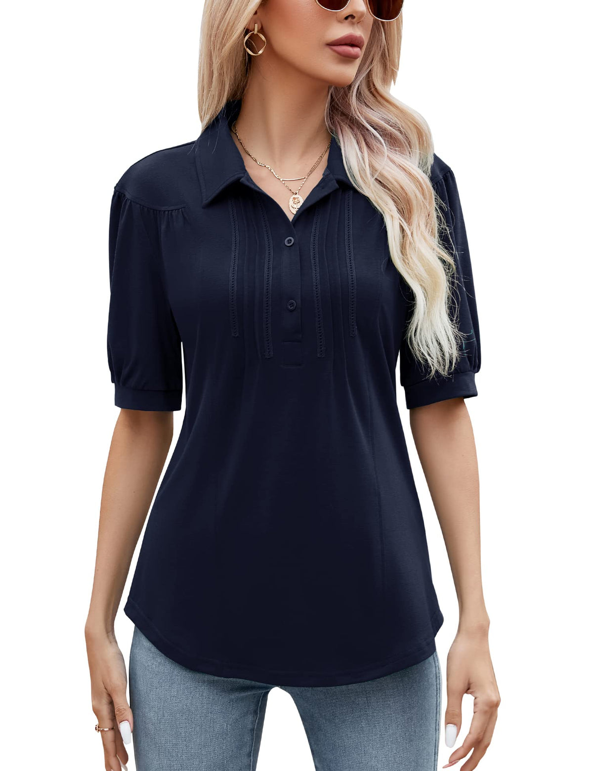 Business Summer Casual Tops for Women Short Sleeve Polo Shirt Collared Work Blouse Navy Blue Medium