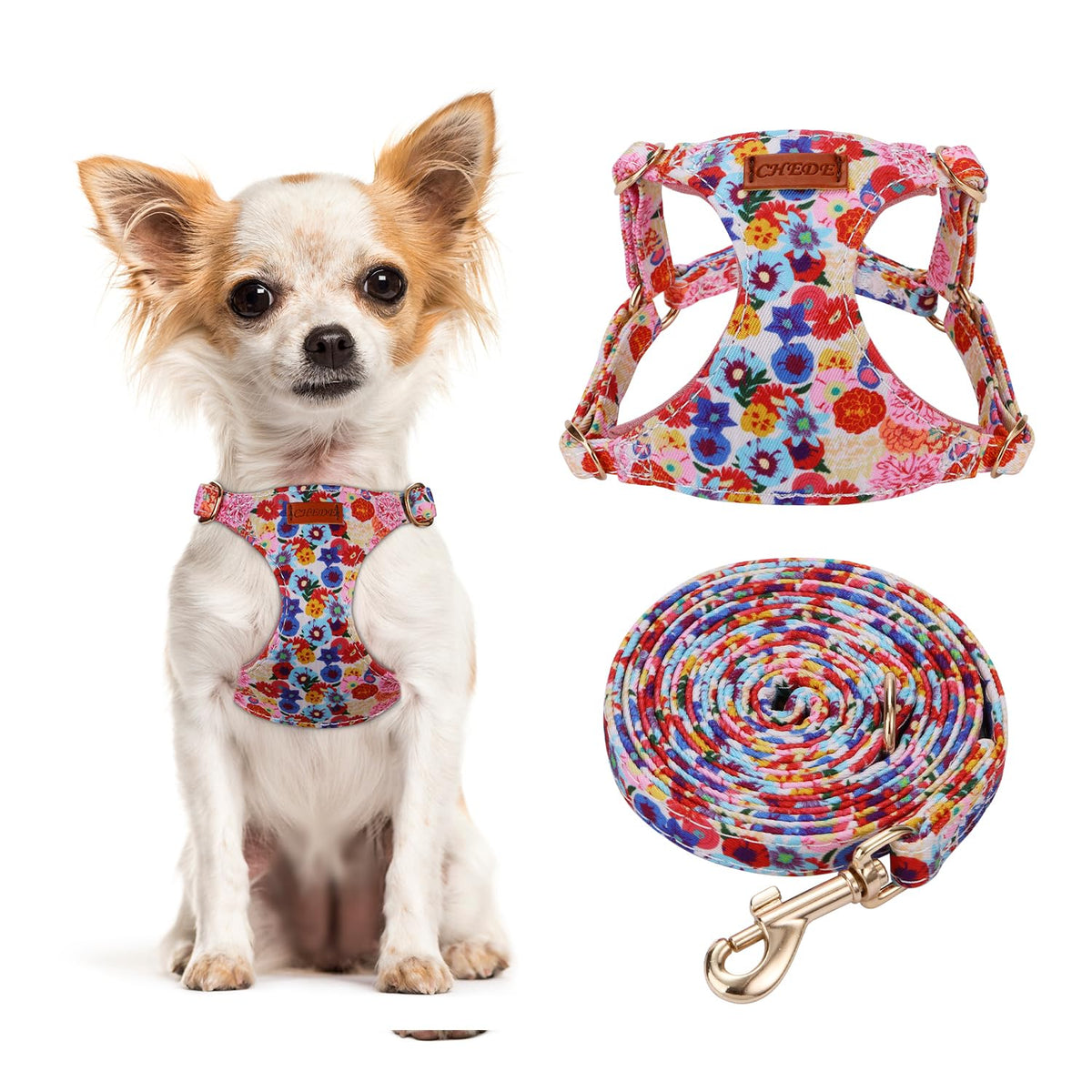 CHEDE No Pull Floral Pattern Dog Harness- Lightweight and Soft Dog Harness, Adjustable Small Dog Harness and Leash Set, with Dog Leash, Suitable for Puppy Small and Medium-Sized Dog