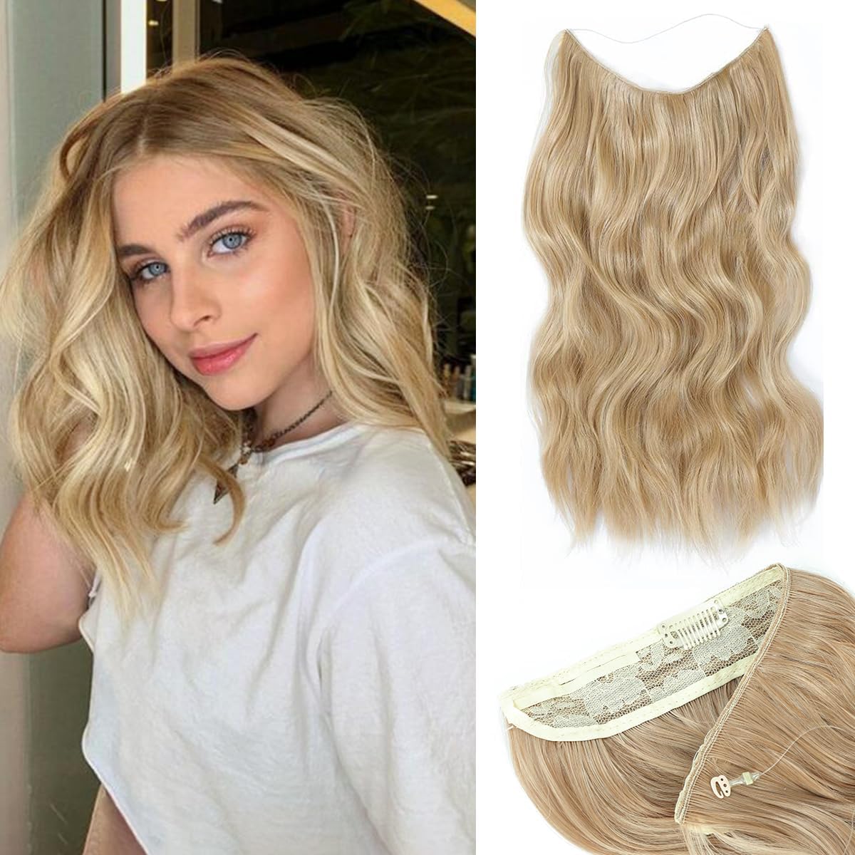 Ms TAj Halo Hair Extensions Honey Blonde 12 inch Hair Extensions Invisible Wire Hair Extensions Synthetic Hairpiece for Women Natural Wavy Hair Extensions…