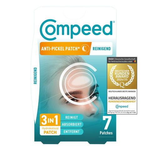 Compeed - Anti-pimples* Patch Cleansing - Cleans, Absorbs and Removes - Hydrocolloid Pimple Patch* - Ideal for use at night - For larger areas such as the T-Zone - 7 patches - 6.8 x 4.2 cm