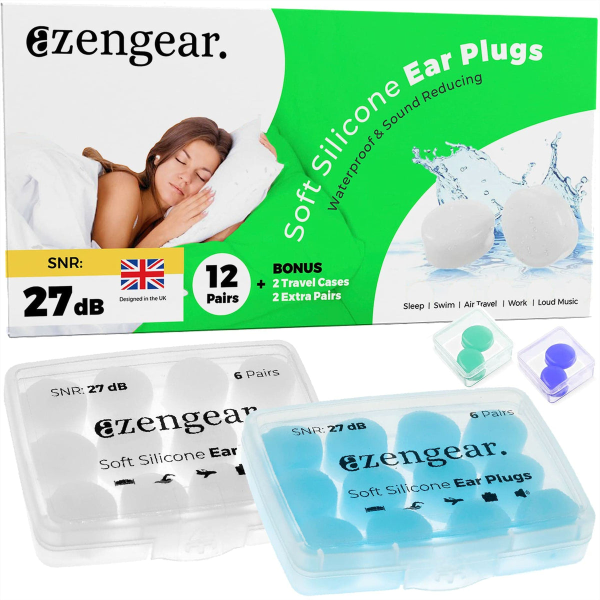 aZengear Ear Plugs for Sleep (14 Pairs), Soft Silicone Earplugs, Reusable, Sleeping, Noise Sound Cancelling, Swimming, Work