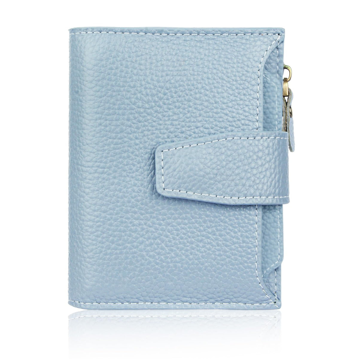 FT FUNTOR Small Wallet for Women Genuine Leather Bifold Compact RFID Blocking Zipper Pocket Ladies Credit Card Slots Purse with ID Window, Lychee Blue, Small Wallet
