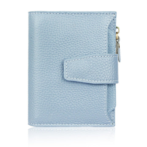 FT FUNTOR Small Wallet for Women Genuine Leather Bifold Compact RFID Blocking Zipper Pocket Ladies Credit Card Slots Purse with ID Window, Lychee Blue, Small Wallet