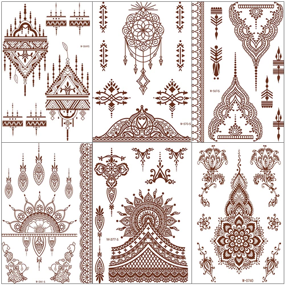 6 Sheets Henna Temporary Tattoo Stickers, Waterproof Lace Pattern Tattoos Mystery Flower Body Art Henna Sticker for Women Girls DIY Body Face Arms Legs (#1-6pcs), 6.0 Count