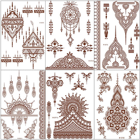 6 Sheets Henna Temporary Tattoo Stickers, Waterproof Lace Pattern Tattoos Mystery Flower Body Art Henna Sticker for Women Girls DIY Body Face Arms Legs (#1-6pcs), 6.0 Count