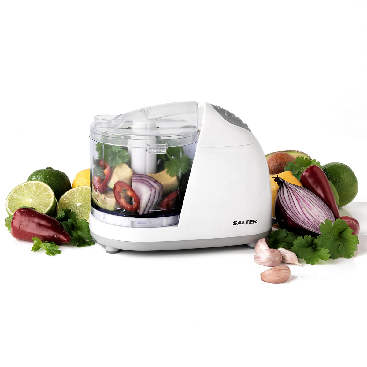 Salter EK2182 Electric Mini Food Chopper - 350ml Food Processor, Oil Drizzle Hole, Easy Food Prep, Dice Fruit/Vegetables/Onions, BPA-Free Dishwasher Safe Bowl, Stainless Steel Blades, One Touch, 150W