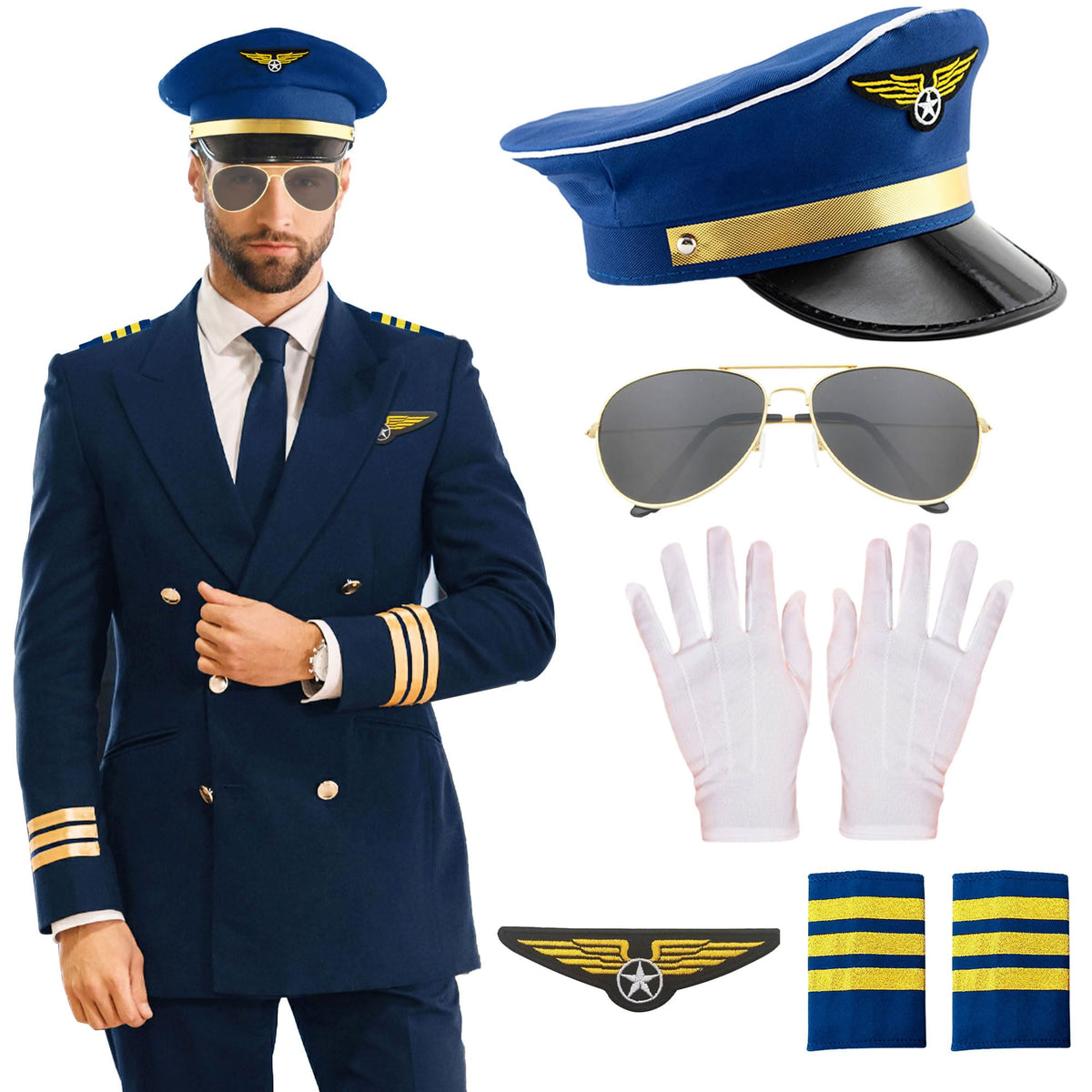 LaVenty Blue Airline Pilot Captain Costume Airline Pilot Captain Costume for Halloween Christmas Party (blue1)