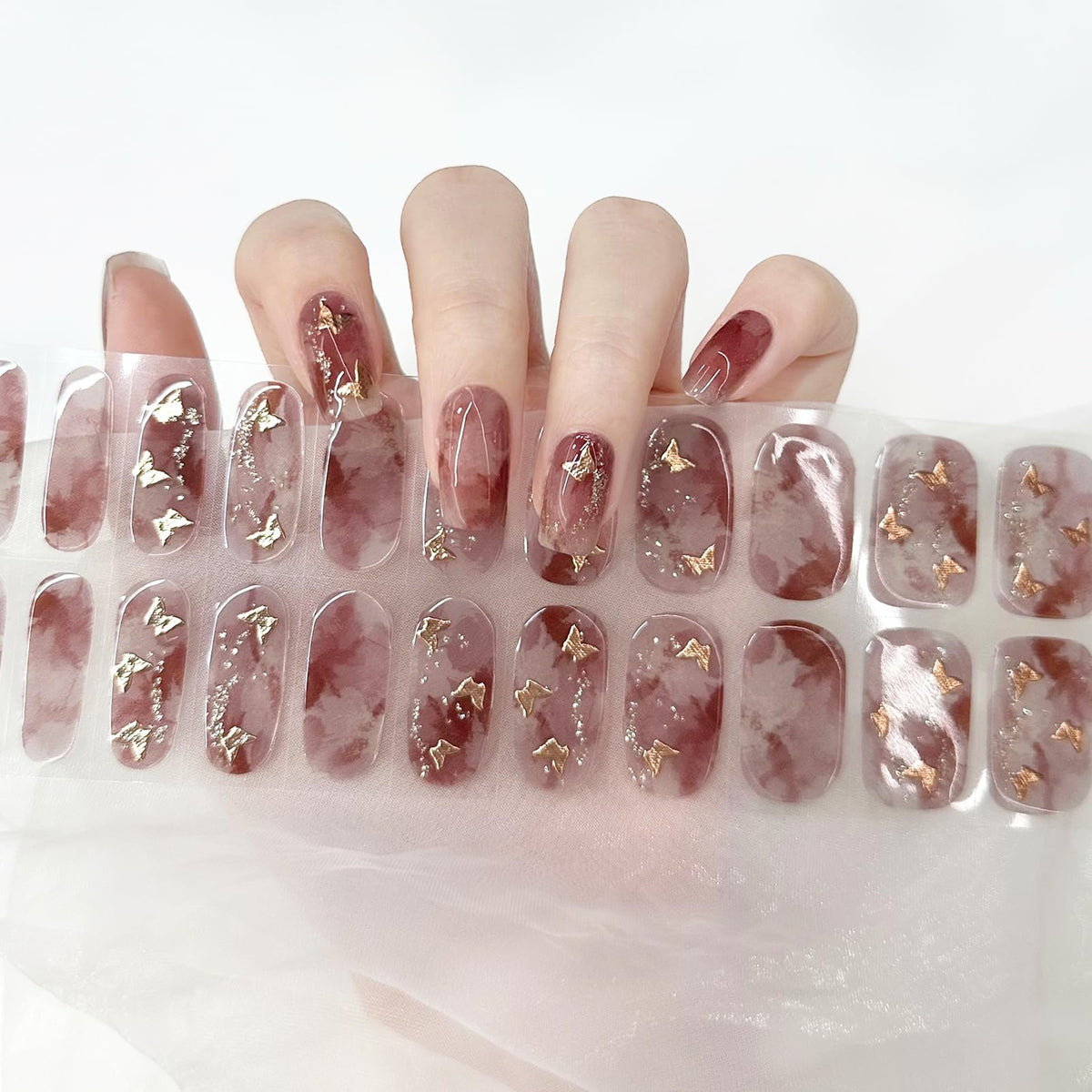 Nail Wraps Semi Cured Gel Nails Strips Soft Self-Adhesive 22 Stickers Red Gel Nail Stickers Salon-Quality Glitter Gel Nail Strips Require UV/LED Lamp (124-Romantic Butterfly)