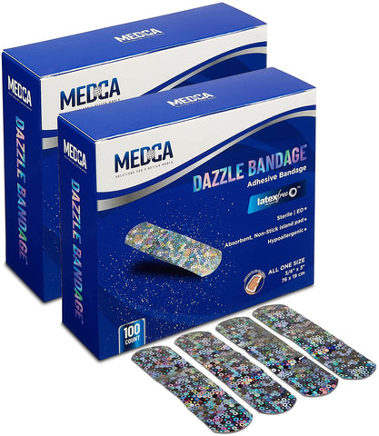 Glitter Bandages for Kids -(200 Count Box) Adhesive Bandage Strips w/Colorful Glitter Design & Latex-Free Individually Wrapped Strips for First Aid, Wound Care, Minor Cuts