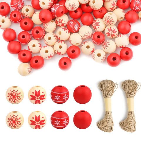 120pcs Christmas Wood Beads for Crafts with Holes, 0.6inch Round Snowflake Wood Beads with Twine Christmas Wooden Beads for Crafts Jewelry Making Christmas Party Supplies Decor