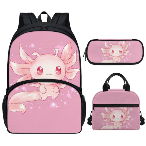 Xhuibop Pink Axolotl Backpack with Lunch Box for Girls 8-10 Kids Bookbag with Lunch Bag Pencil Case 3 IN 1 School Bag and Lunchbox Pencil Case 17 Inch Book Bag Set for 4th Grade Girls