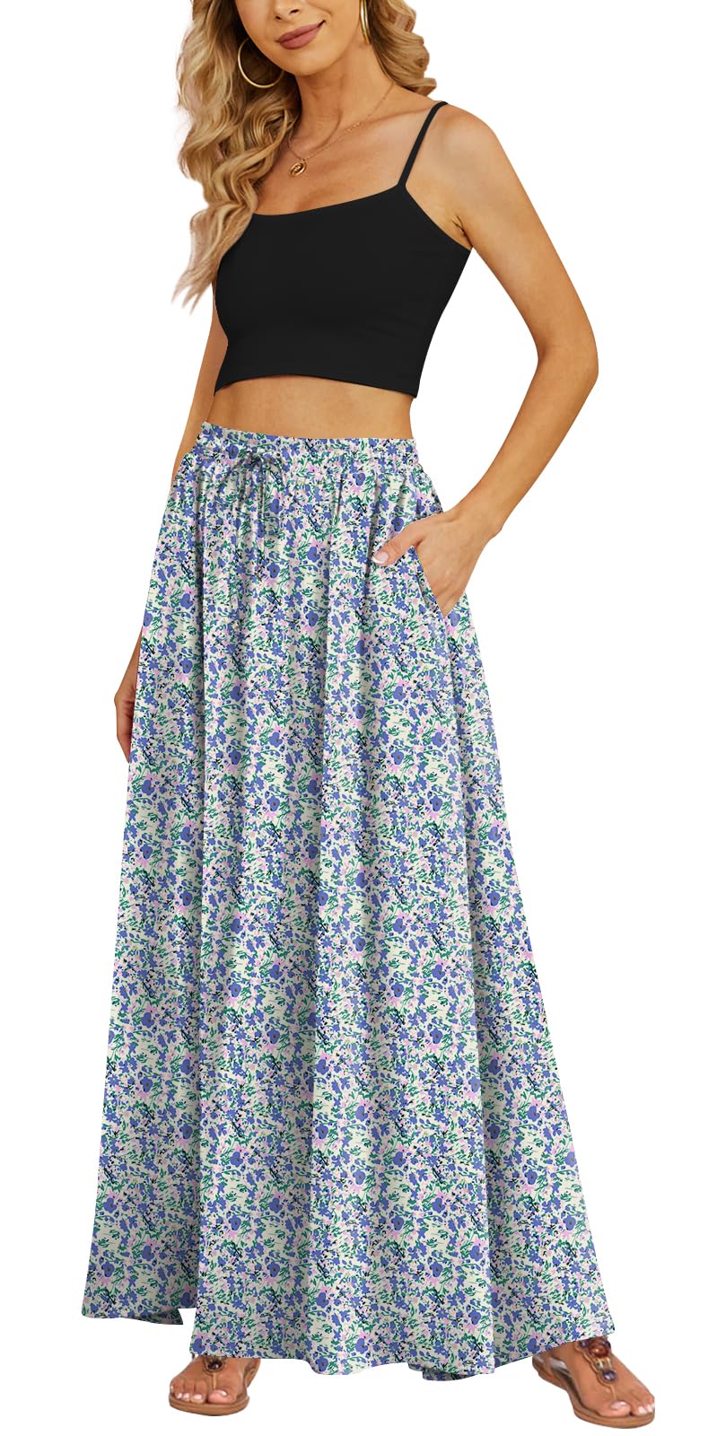 Yincro Women's Flowy Maxi Skirt Summer Pleated High Waisted Casual Long Skirts with Pockets (Blue Pink Florals, S)