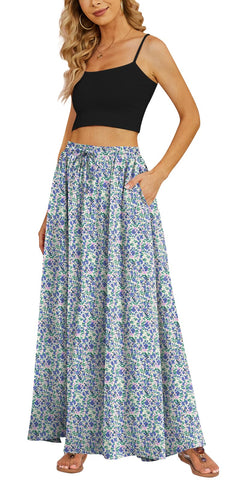 Yincro Women's Flowy Maxi Skirt Summer Pleated High Waisted Casual Long Skirts with Pockets (Blue Pink Florals, S)