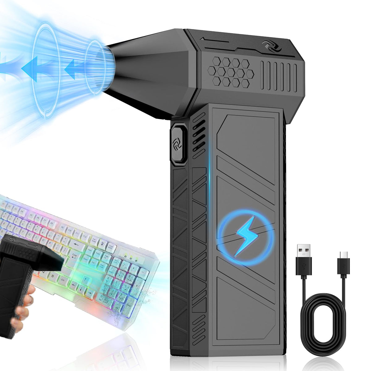 YUMSONYO Electric Air Duster 130000 RPM Compressed Air Duster, 3 Adjustable Gears Speed, Wireless Jet Dry Mini Blower, Used for Cleaning Computer Keyboards and Yard Leaves, USB to C Charge(Black)