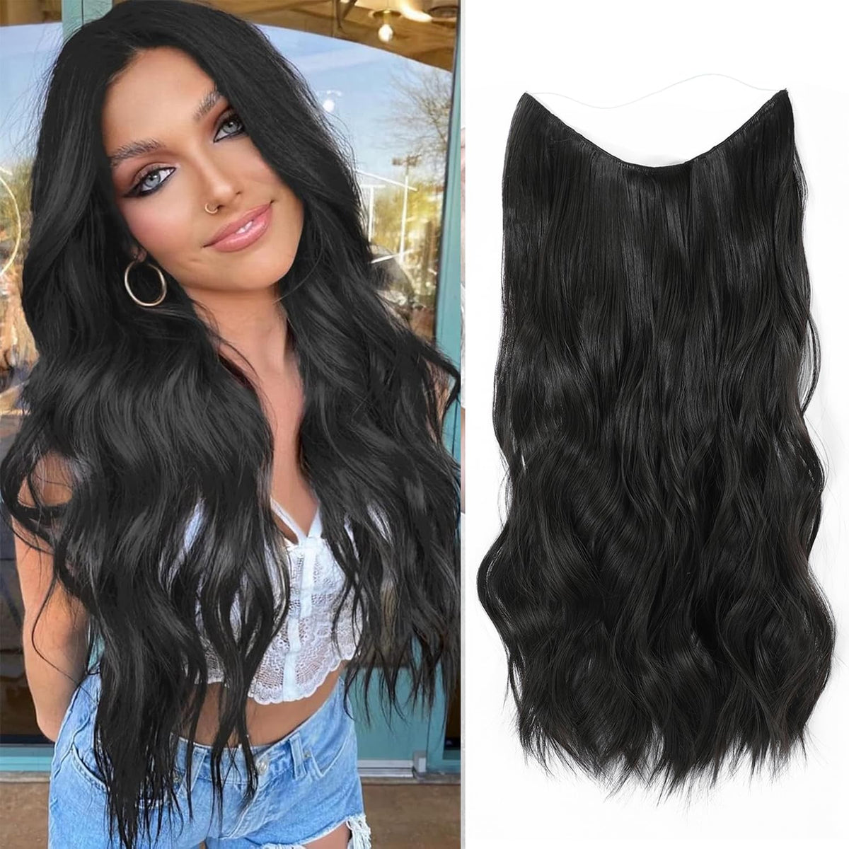 Ms TAj Black Halo Hair Extensions - 20 Inch Invisible Wire Synthetic Hairpiece for Women - Natural Wavy Hair
