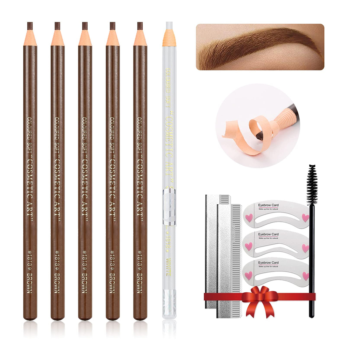 LSxia Waterproof Eye-Brows Pen-cil Set, Pull Cord Peel-off Eyebrow Pencil Microblading Eyebrow Pen Supplies Kit, White Eye-Liner Pencil and Eyebrows Tool Tattoo Makeup For Marking (5+1 Light Brown)
