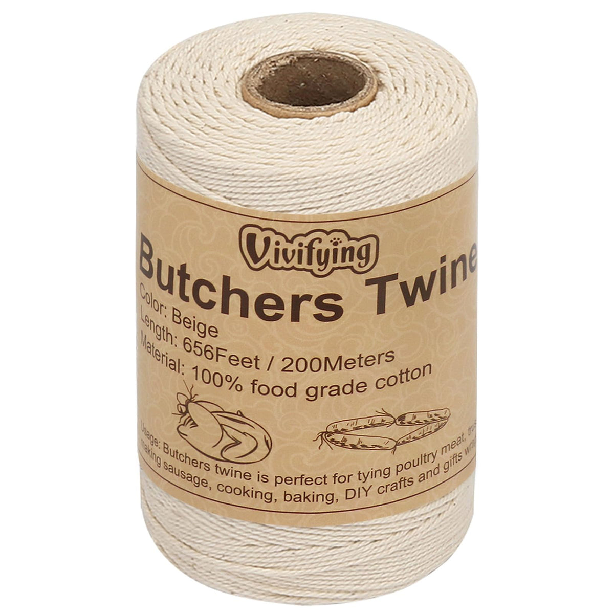 Vivifying 656 Feet 3Ply Cotton Bakers Twine, Food Safe Cooking String for Tying Meat, Making Sausage (White)