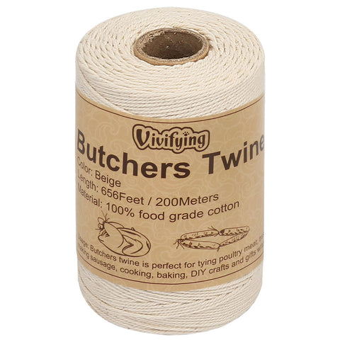 Vivifying 656 Feet 3Ply Cotton Bakers Twine, Food Safe Cooking String for Tying Meat, Making Sausage (White)