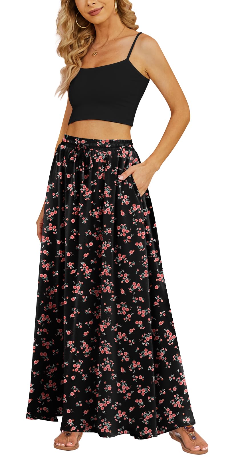 Yincro Women Flowy Maxi Skirt Summer Pleated High Waisted Casual Long Skirts with Pockets (Pink Flower Black, M)