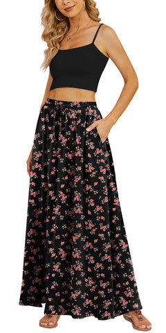Yincro Women Flowy Maxi Skirt Summer Pleated High Waisted Casual Long Skirts with Pockets (Pink Flower Black, M)