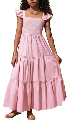RETSUGO Girl Dress Summer Ruffle Sleeve Swing Casual Solid Color Pink Frocks Long Sundress Kids Smocked Tiered Party Dresses 6-7 Years