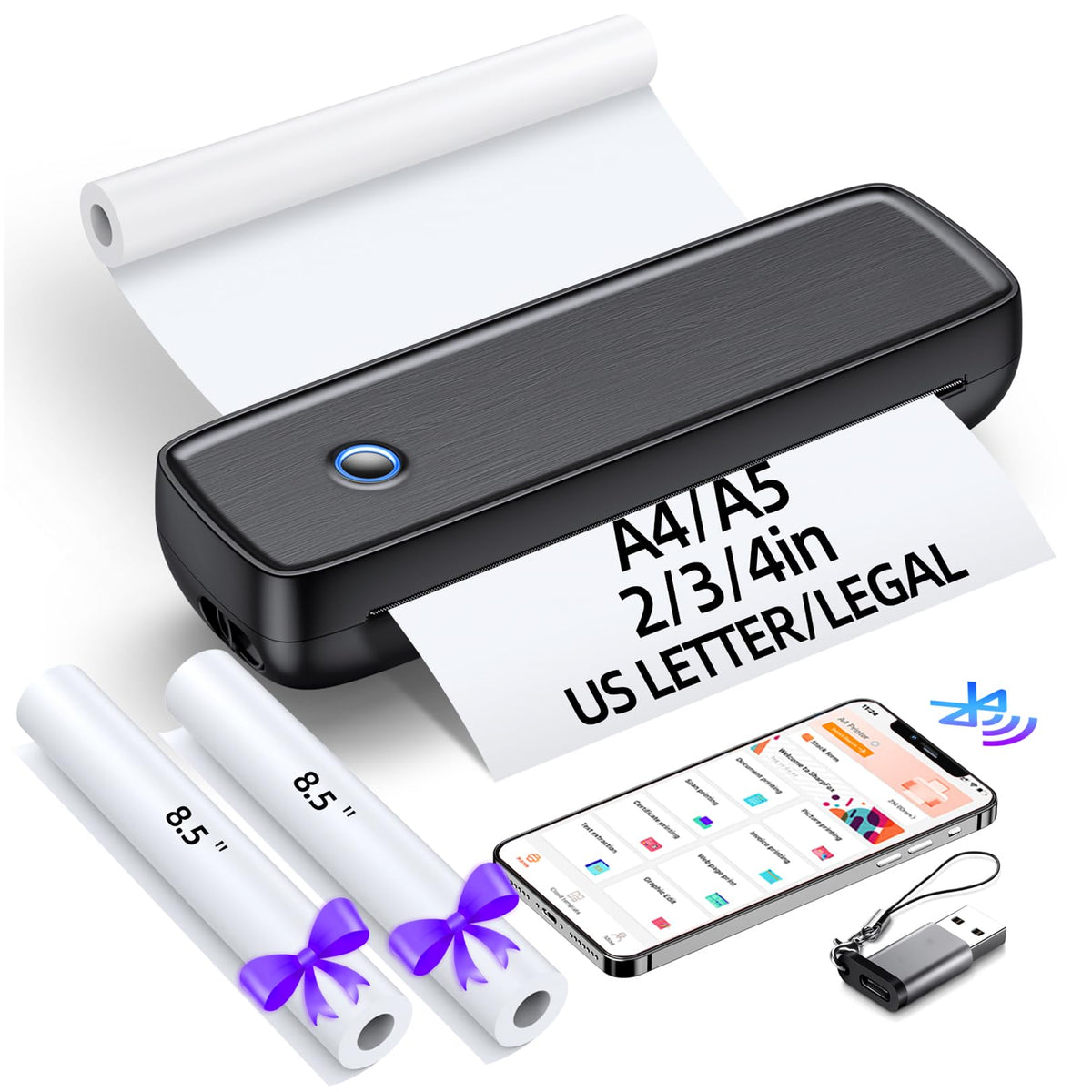 Portable Printer Wireless for Travel?Bluetooth Thermal Printer Support 8.5" X 11" US Letter &Legal, A4&A5 Thermal Paper, Inkless Printer Compatible with iOS, Android & Laptop for Office Car Home