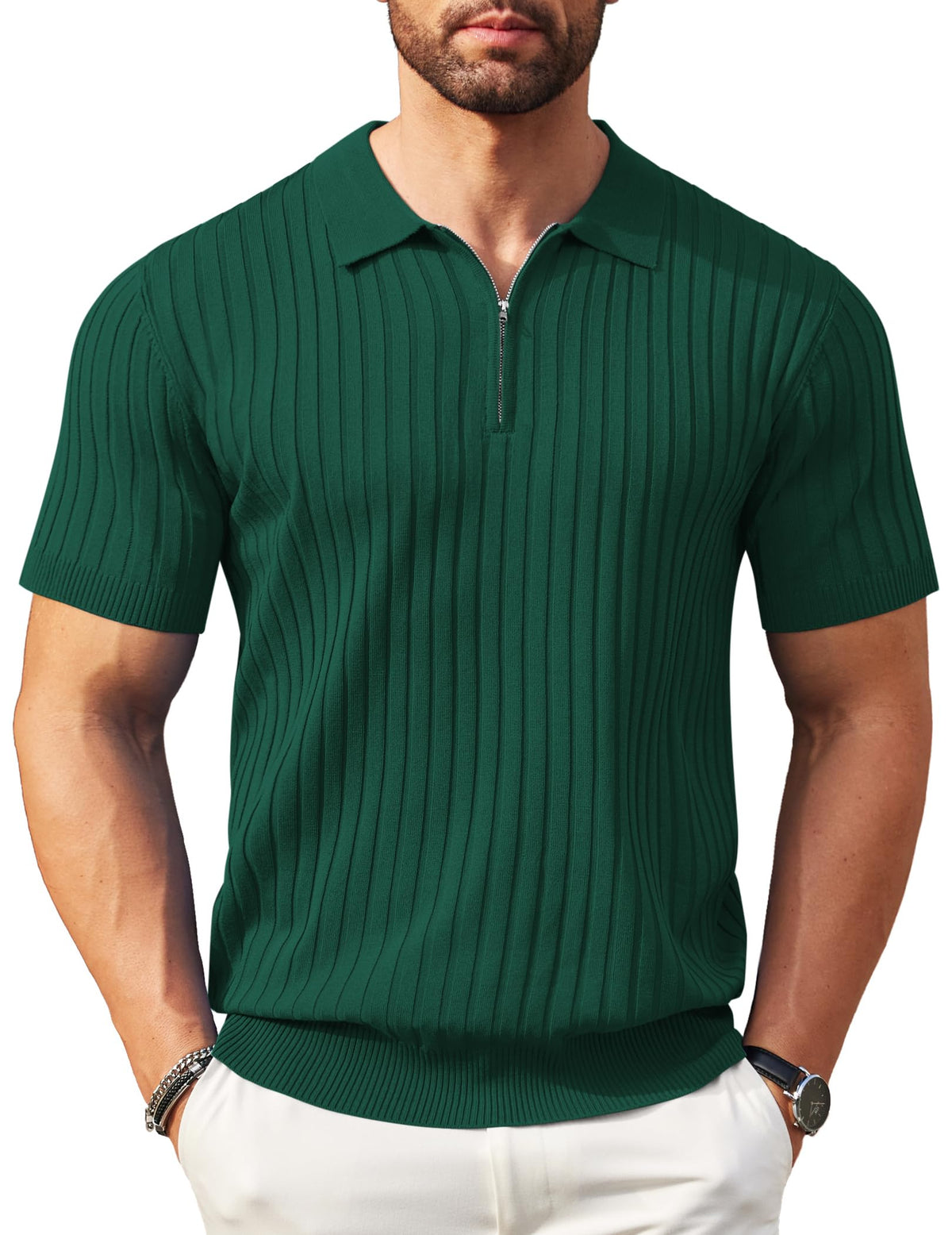COOFANDY Men's Zipper Polo Shirts Short Sleeve Ribbed Knit Polo T Shirts Fashion Golf Shirts Hunter Green