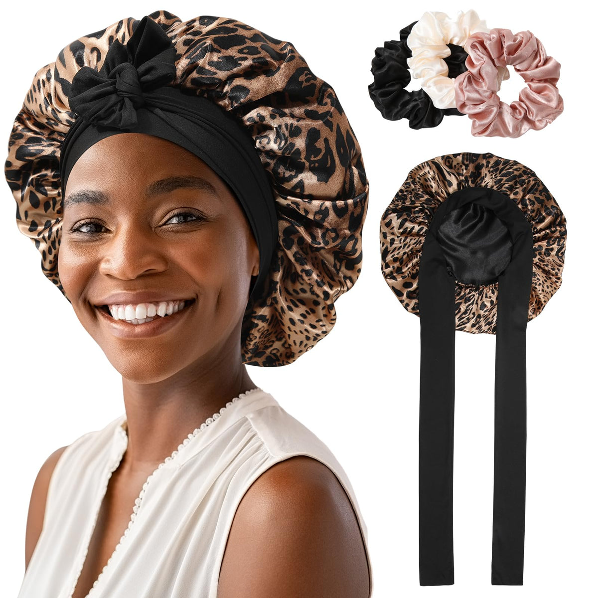 Satin Bonnet for Women Tie Band Hair Bonnet for Sleeping Large 2 Layered Silk Sleeping Cap Nightcap for Sleeping with 3PCS Hair Scrunchies (Leopard Print(Bonus3 Hair scrunchies))