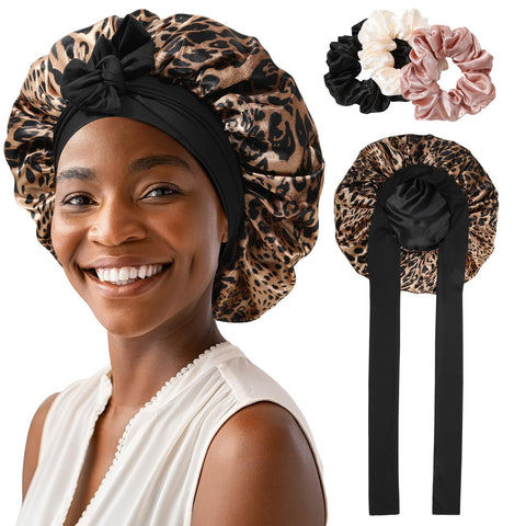Satin Bonnet for Women Tie Band Hair Bonnet for Sleeping Large 2 Layered Silk Sleeping Cap Nightcap for Sleeping with 3PCS Hair Scrunchies (Leopard Print(Bonus3 Hair scrunchies))