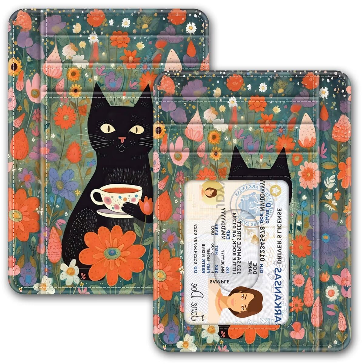 Yoiilifee Slim Minimalist Front Pocket Wallet, Mini RFID Blocking Credit Card Holder Front Pocket Wallet, Coin Purse with ID Window for Women Ladies, Cat in flower