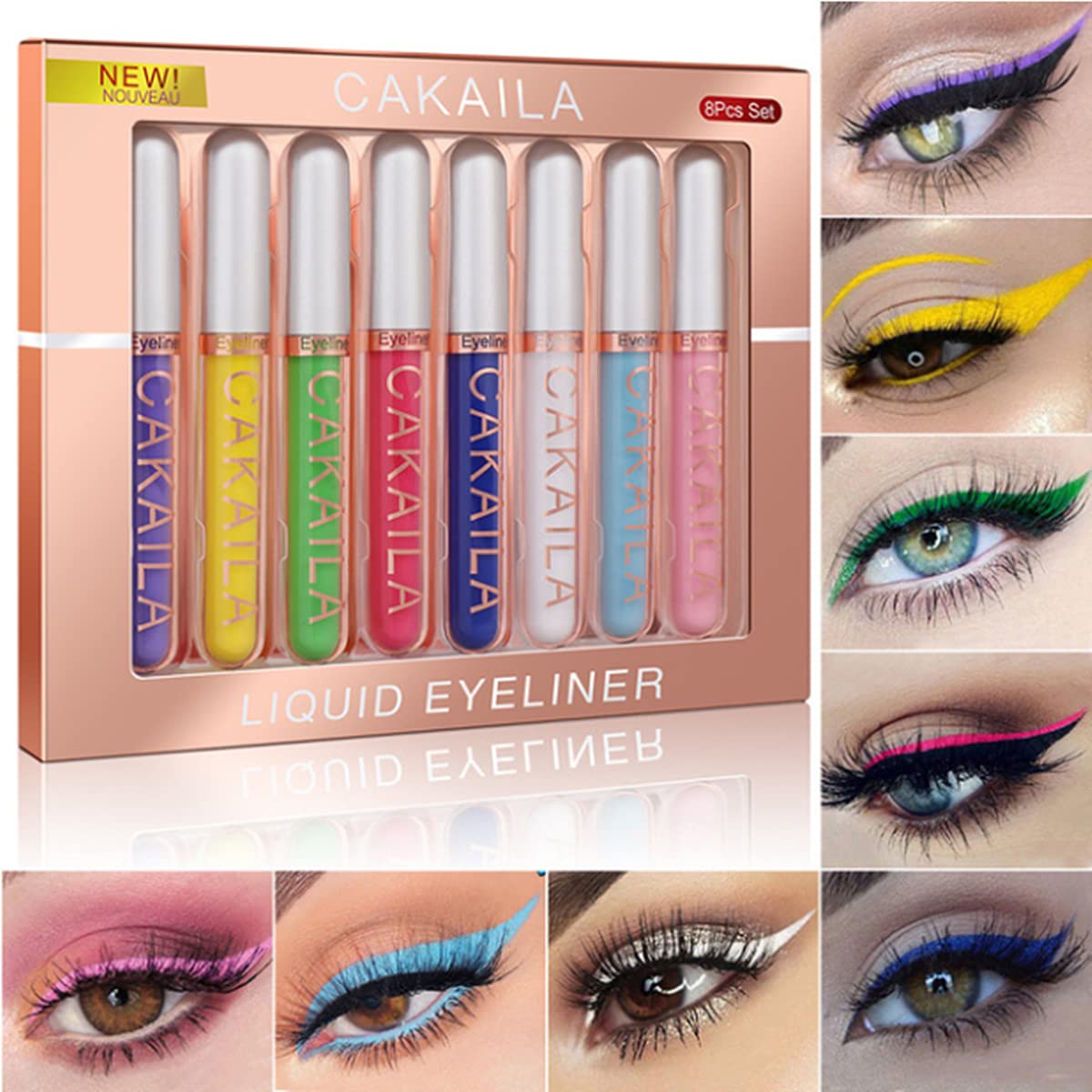 8 Colours Matte Liquid Eyeliner Kit, Waterproof, Durable, Quick-Drying, Smooth, No Smudging, Colourful Liquid Eyeliner Pen, Highly Pigmented Eyeliner Pen Set (#01)