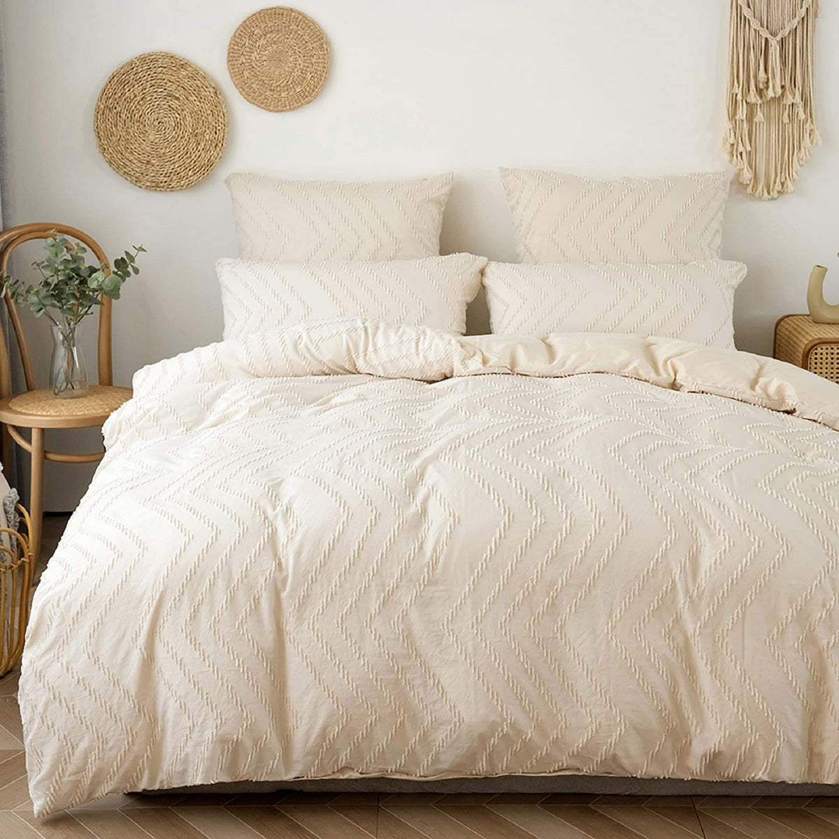 GETIYA Romantic Plain Bed Linen, 220 x 240 cm, Plain Bed Linen, Khaki Embroidery, Craft Wave Pattern, Duvet Cover, Pair Bed, Women's Men's Bed Linen, Microfibre with 2 Pillowcases 80 x 80 cm