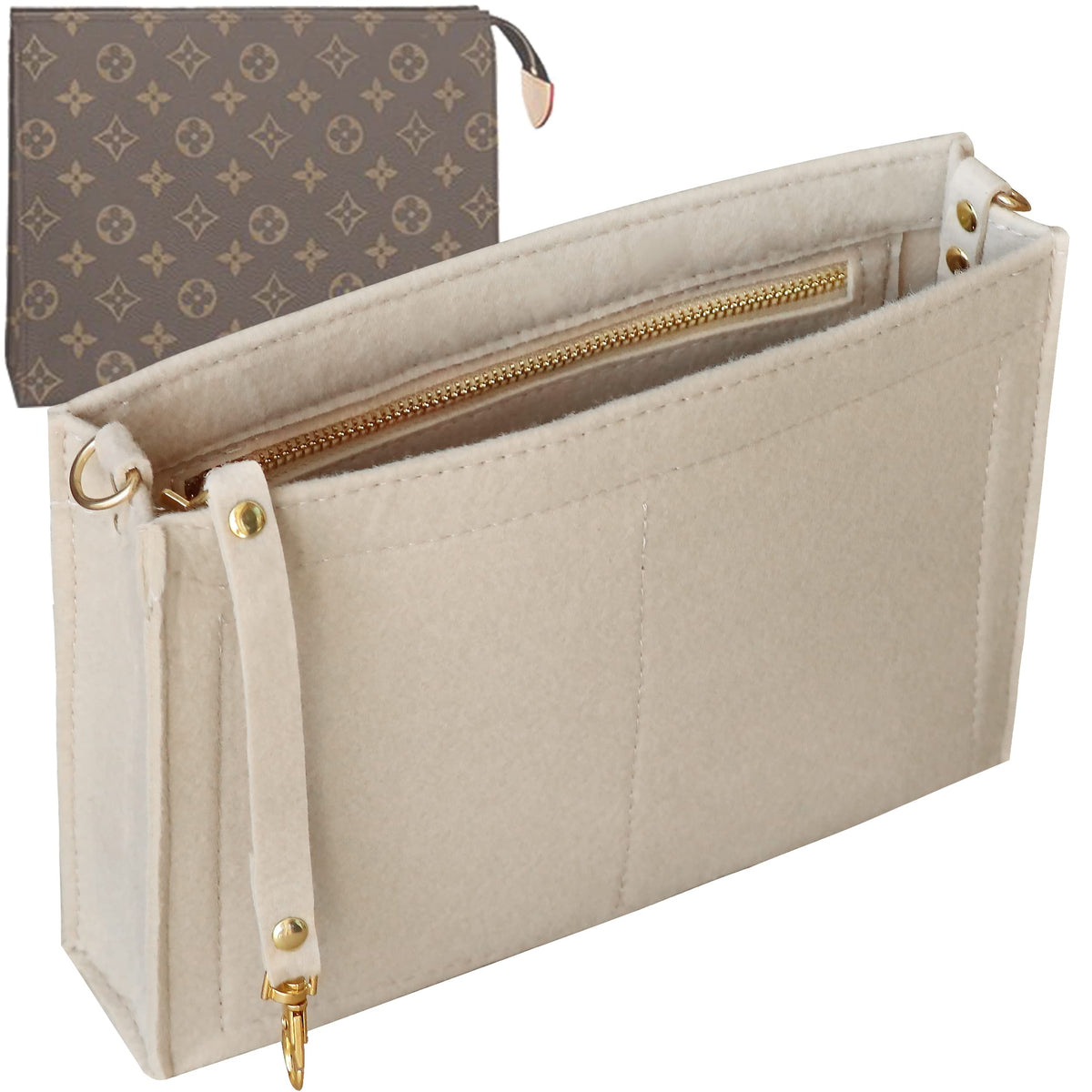 Soyizom Felt Hangbag Tote Organizer Insert Fits Toiletry Pouch 26 19 Messenger Bag Insert Organizer for Women,Hangbag Purse Liner Bag in Bag Tidy Organizer with Gold Buckle&Keychain(Small-19,Beige)