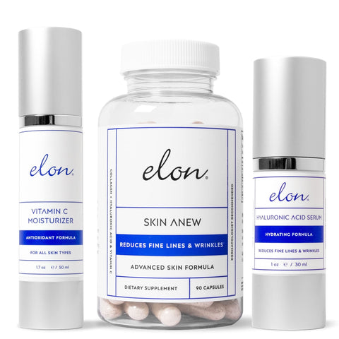 Elon Face Skin Care Set - Skin Care Kit w/ Antioxidant C Moisturizer for Face, Skin Anew Hydrolyzed Collagen Capsules, & Hyaluronic Acid Serum for Face - Skin Care Products for All Skin Types