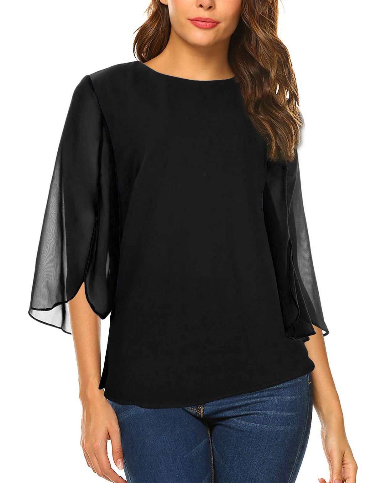 Oyamiki Women's Summer Layered Crew Neck Pleated Soft Chiffon Blouse Tops Black/L