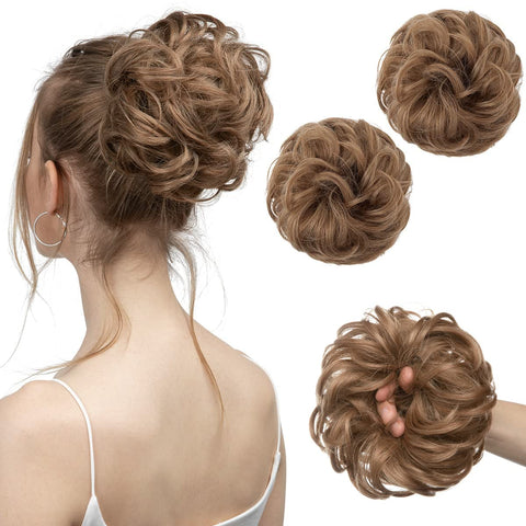 SARLA 2PCS Messy Hair Bun Hair Pieces Wavy Curly Synthetic Updo Fake Scrunchies Ponytail Extension for Women Pecan Blonde