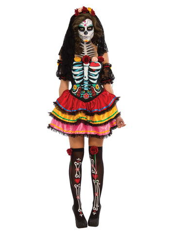 Rubie's Official Ladies Day of The Dead Senorita Skeleton Halloween, Adult Costume, Black, Red, Yellow, Small UK 6 -10