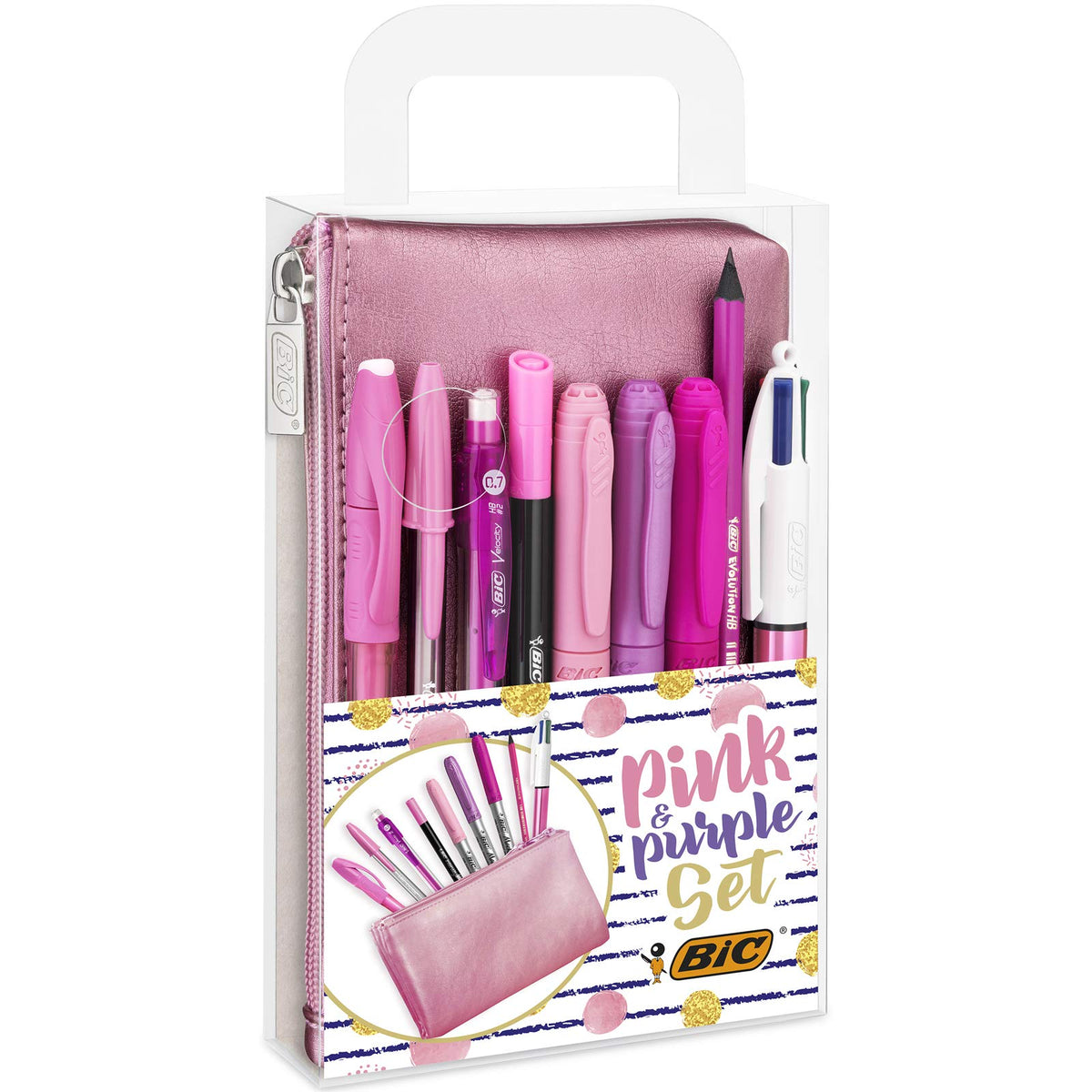 BIC Pink & Purple Set - 1 Pencil Case, 2 Ball Pens/1 Erasable Gel Pen/1 Graphite Pencil with Eraser/1 Writing Felt Pen/3 Permanent Markers/1 Mechanical Pencil