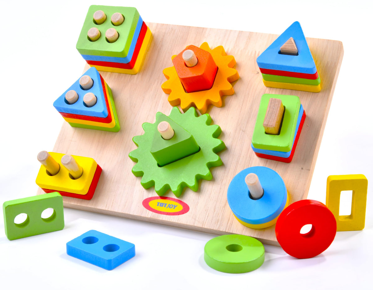 TOTJOY Montessori toys for 2+ year olds 12+ 18+ Months, 2 Year Old Wooden Educational Toy For Toddlers Shapes Sorting Stacking Toys Busy Board Sensory Toys (Gears and Blocks Shapes sorting)